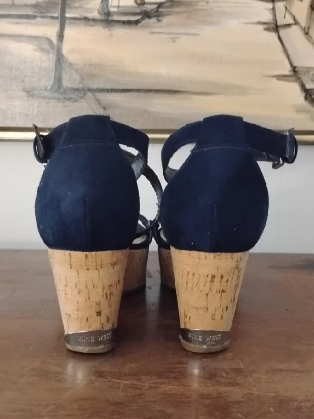 Nine West Navy Cork Wedge Sandals
